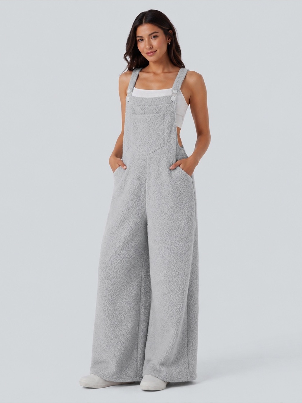 HALARA Overalls Fuzzy Teddy Oversized Pockets Casual Wide-Leg Overalls-Gray